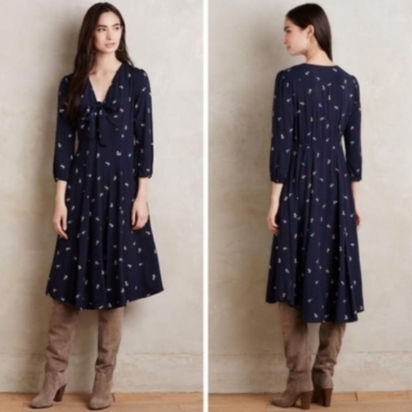 Anthropologie Dresses & Skirts - Anthropologie Acadie Tie Neck Dress Navy Floral
